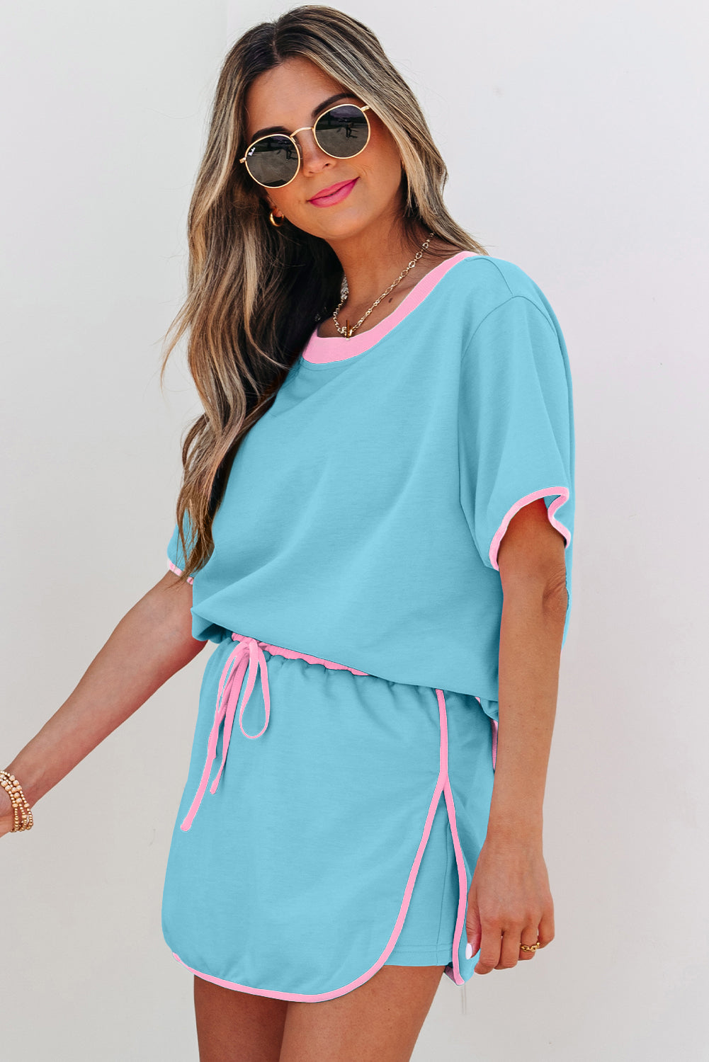 Black Colorblock Edge Drop Shoulder T Shirt and Skort 2Pcs Set