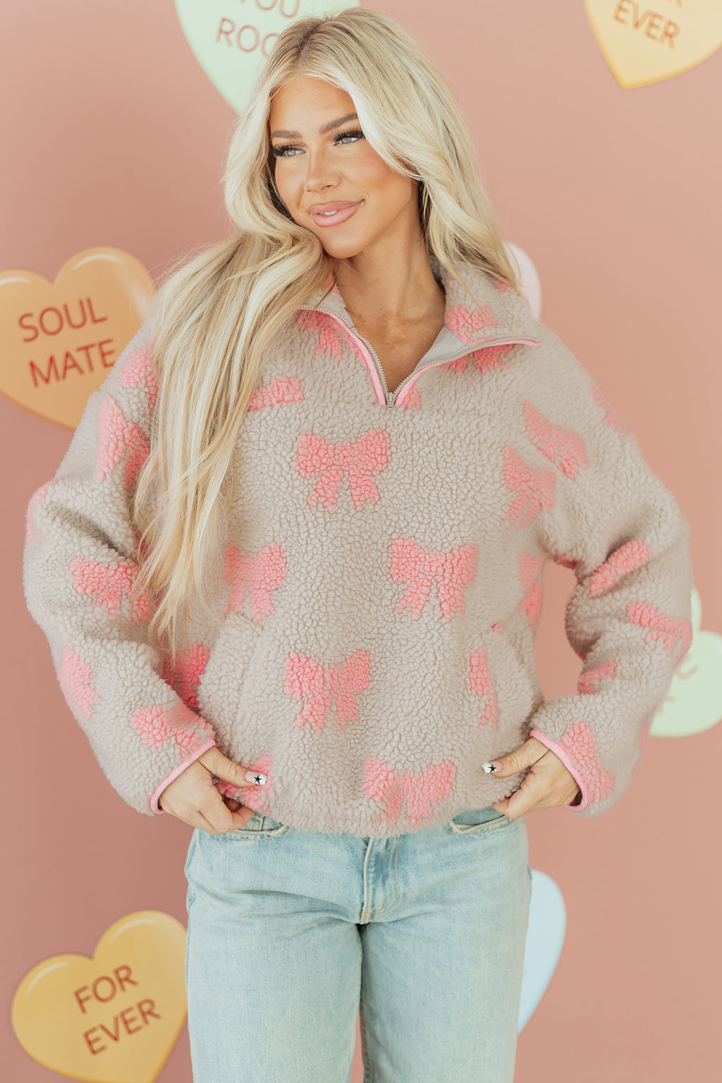 Gray Bow Sherpa Quarter Zip Drop Shoulder Baggy Sweatshirt