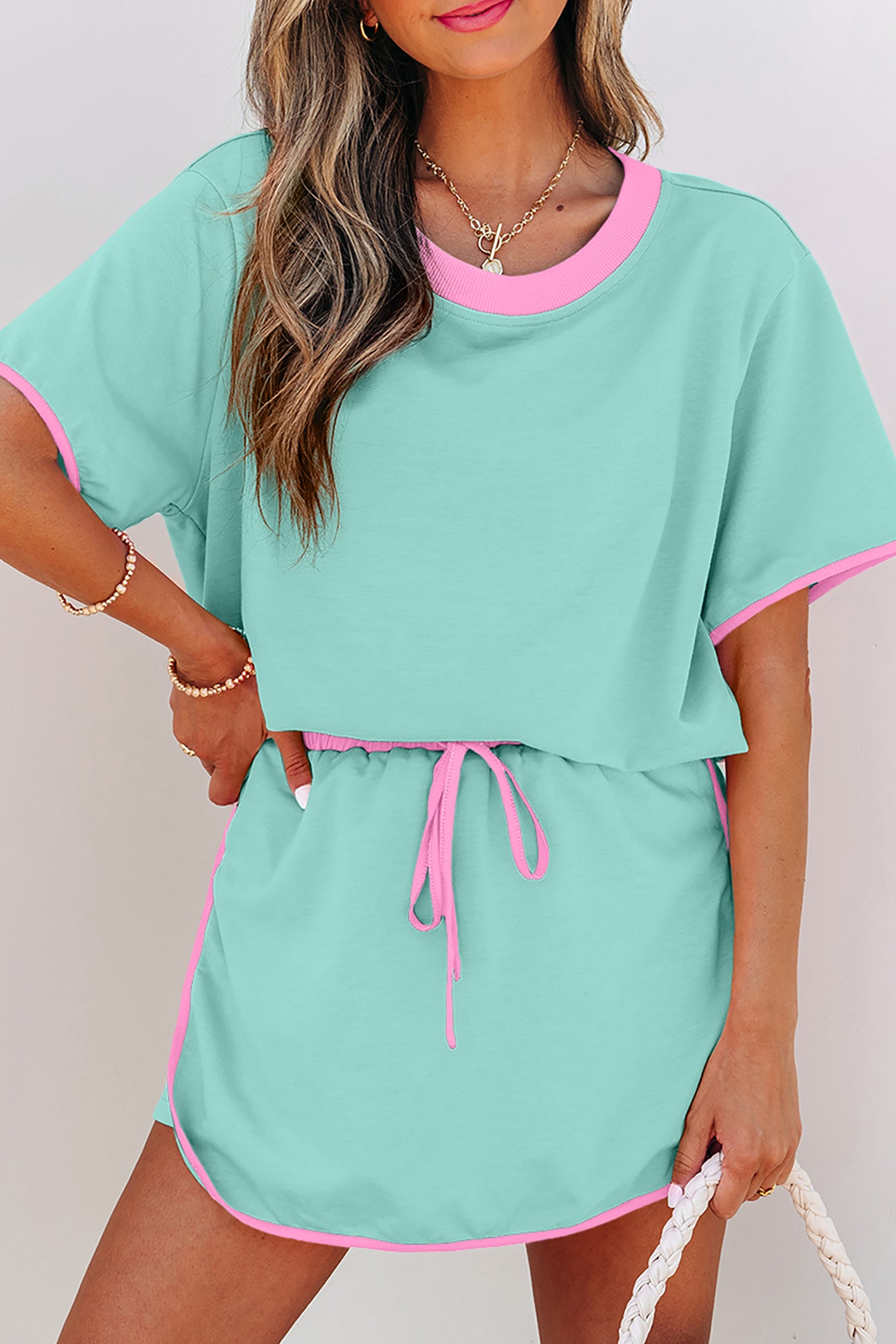 Black Colorblock Edge Drop Shoulder T Shirt and Skort 2Pcs Set