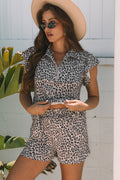 Brown Leopard Half Zipper Collared Ruffled Sleeve Top and Short Set
