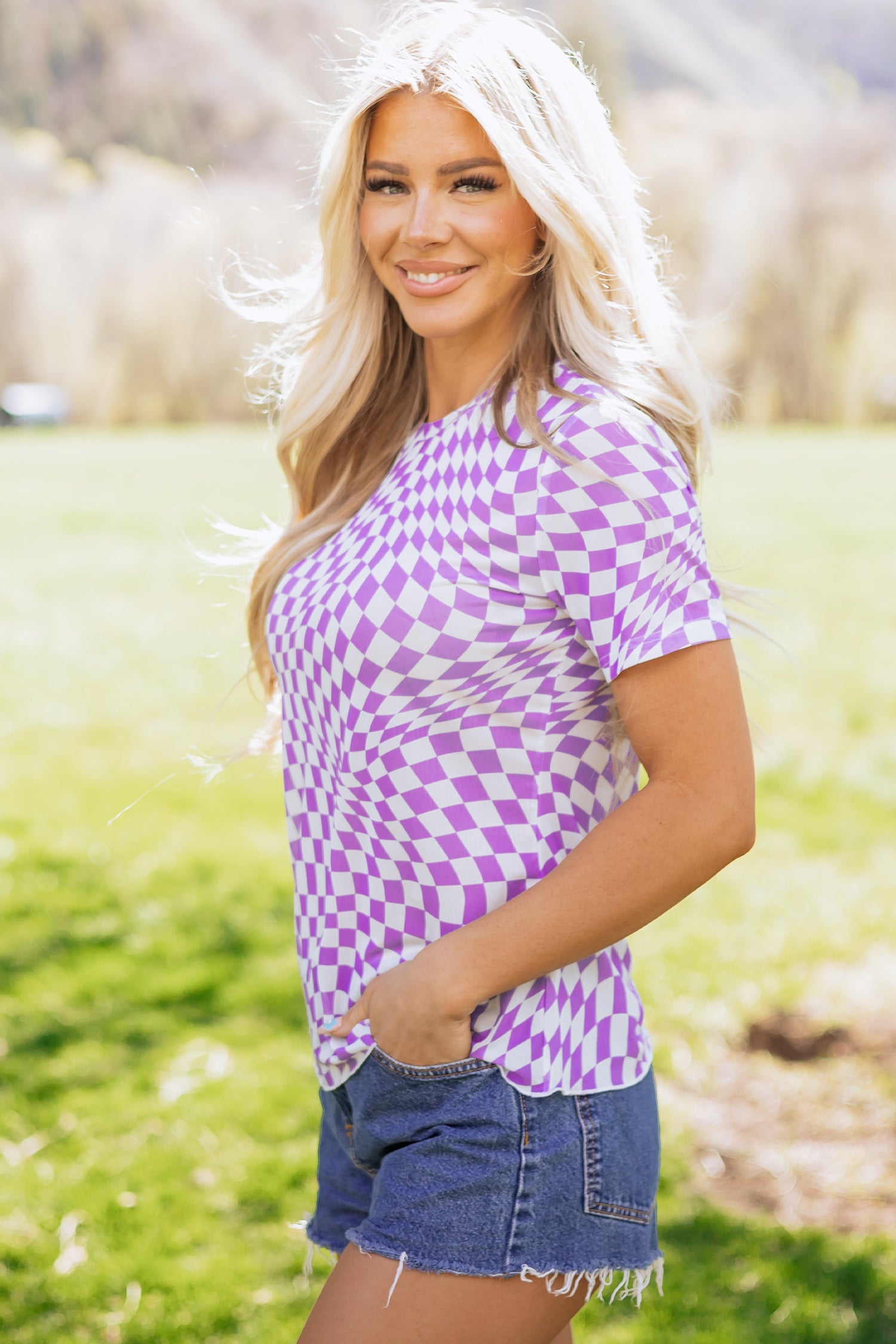 Black Checkered Print Crew Neck Mesh T Shirt