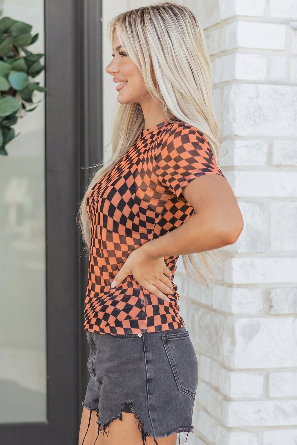 Black Checkered Print Crew Neck Mesh T Shirt