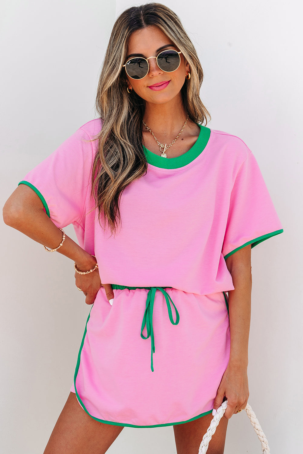 Black Colorblock Edge Drop Shoulder T Shirt and Skort 2Pcs Set