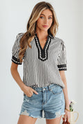 Black Stripe Collared Split Neck Short Bubble Sleeve Blouse