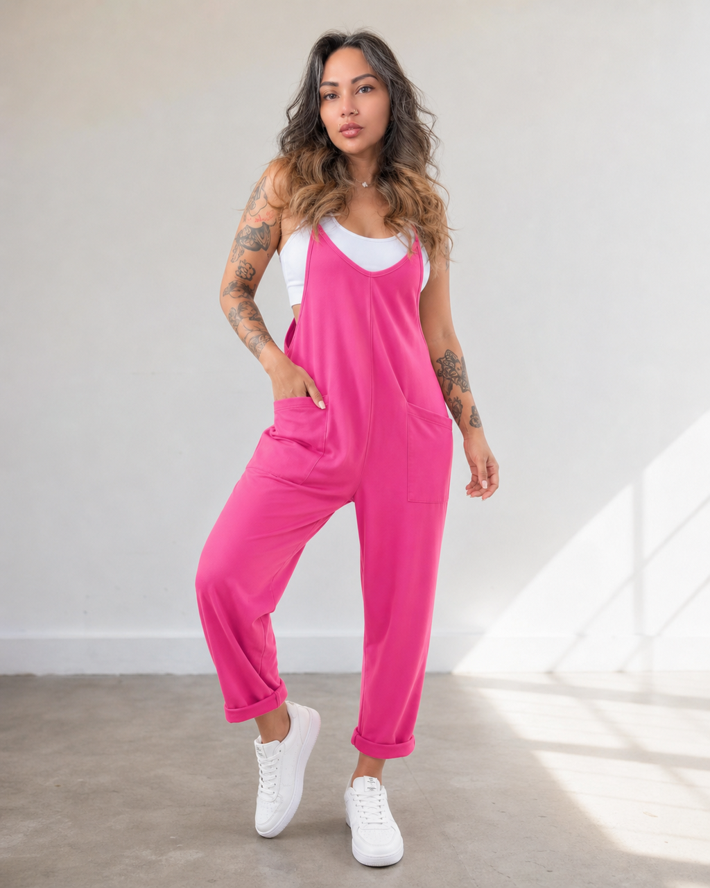 Hot Pink Pocket Overall Jumpsuit