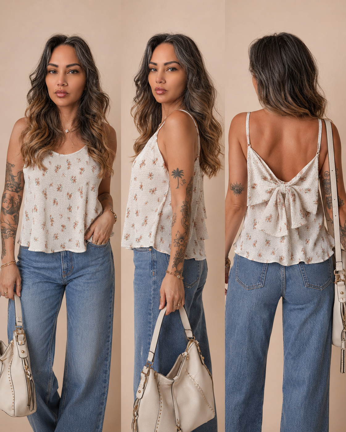 Ivory Floral Bow-Back Tank Top