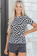 Black Checkered Print Crew Neck Mesh T Shirt
