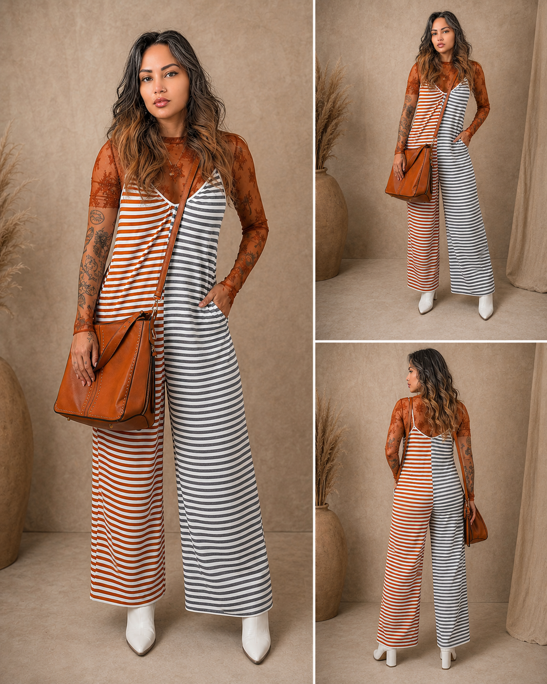 Rust & Charcoal Striped Wide-Leg Jumpsuit