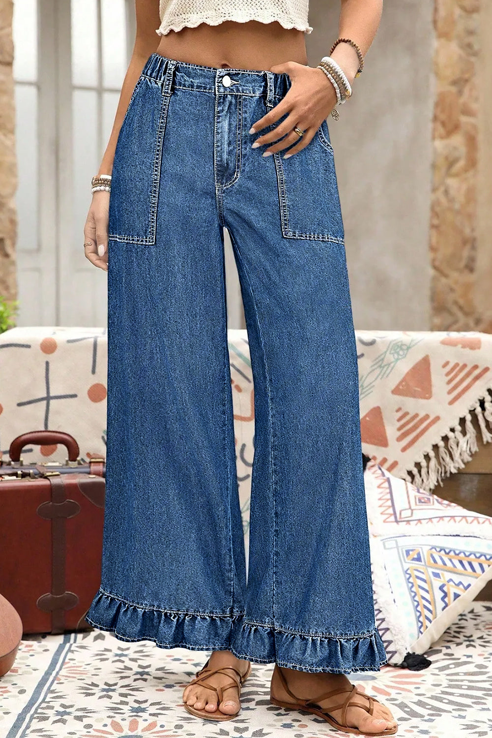 Ashleigh Blue Plus Size Elastic Waist Ruffled Wide Leg Denim Pants