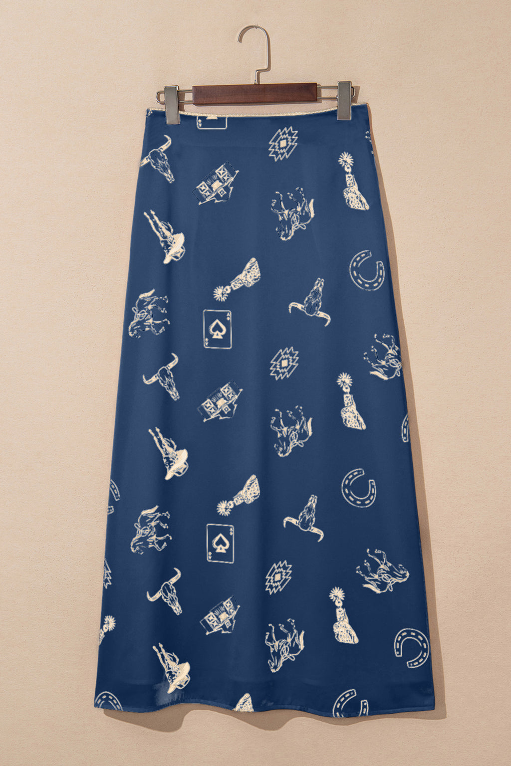 Beige Western Print Satin Long Skirt