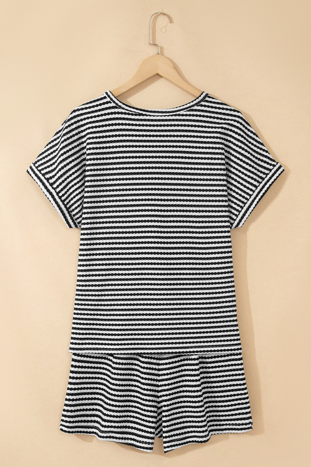 Brown Stripe Breathable Textured Knit Short 2pcs Set