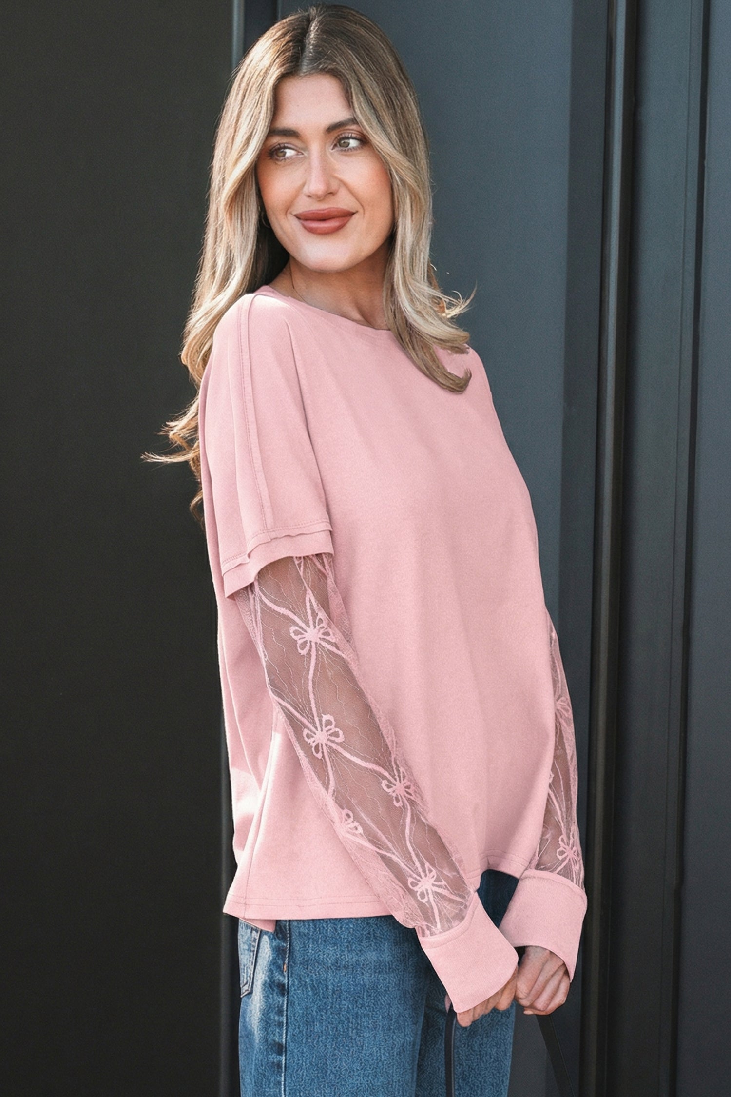 Black Solid Color Bow Textured Patchwork Long Sleeve Tee