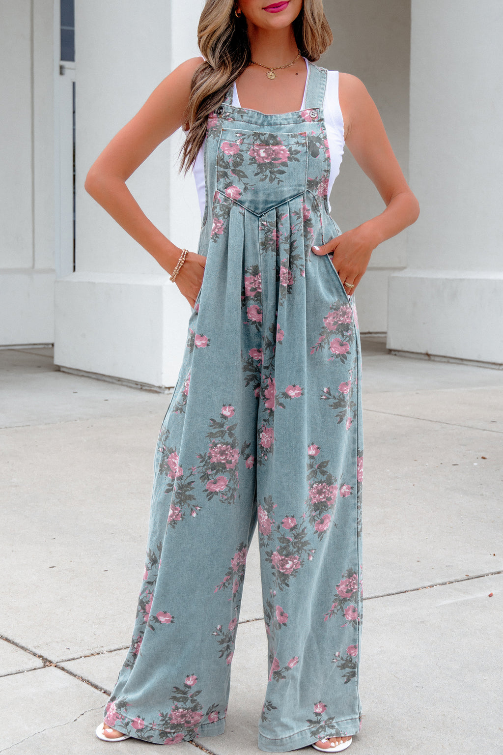 Blue Beau Floral Print Pleated High Waist Wide Leg Denim Jumpsuit