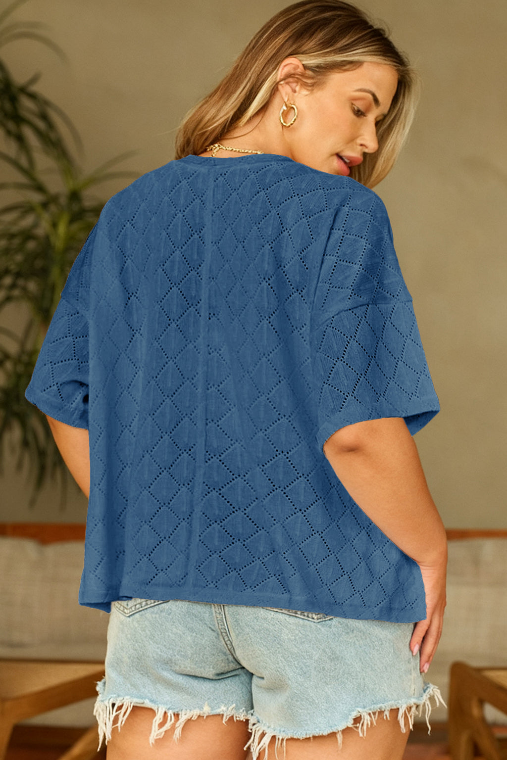 Light Pink Pointelle Rhombus Knit Plus Size V Neck Loose Top