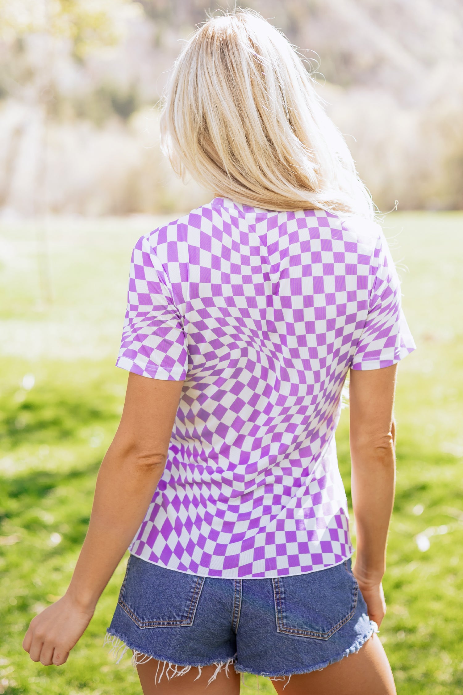 Black Checkered Print Crew Neck Mesh T Shirt