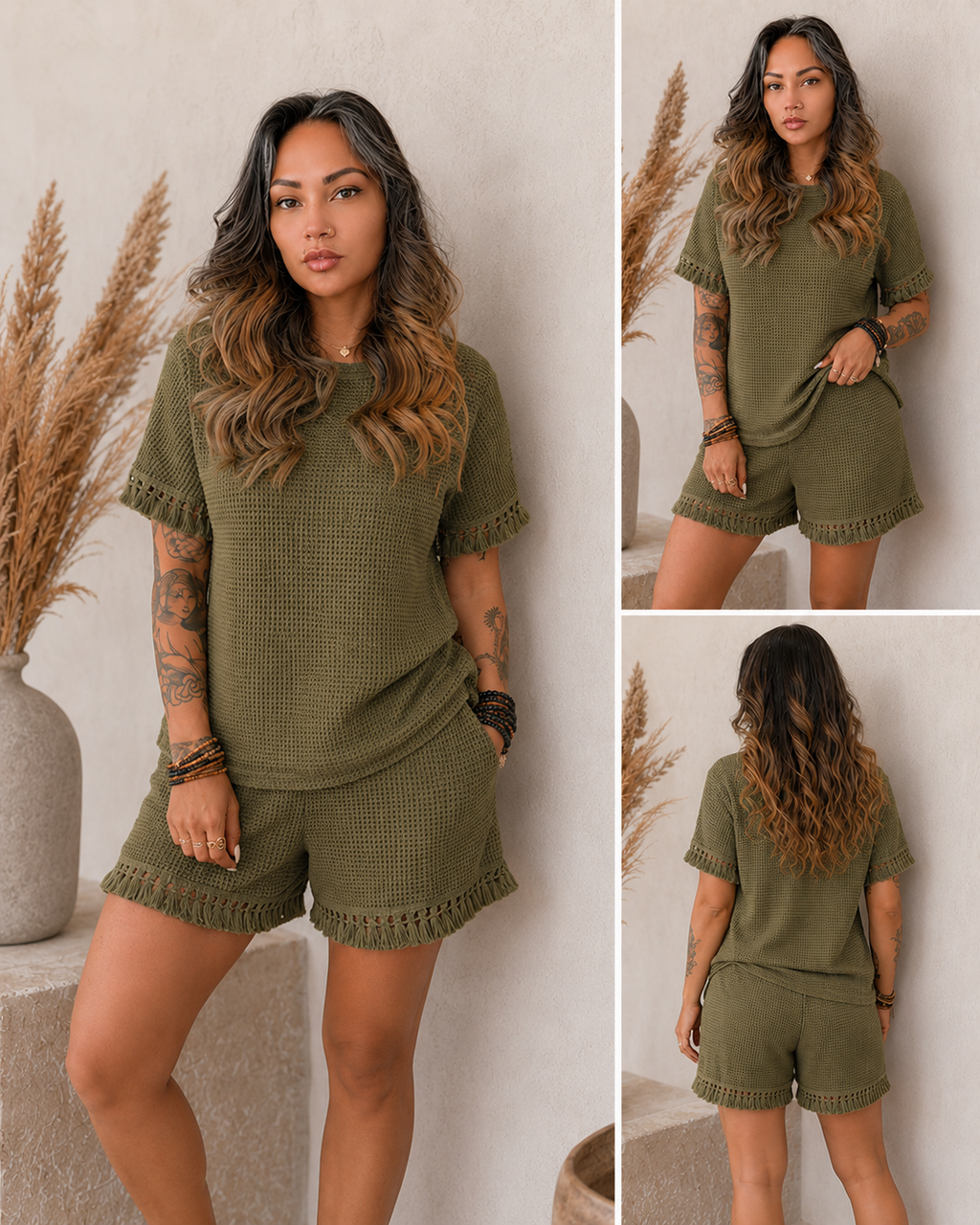 Olive Grove Textured Fringe Lounge Set