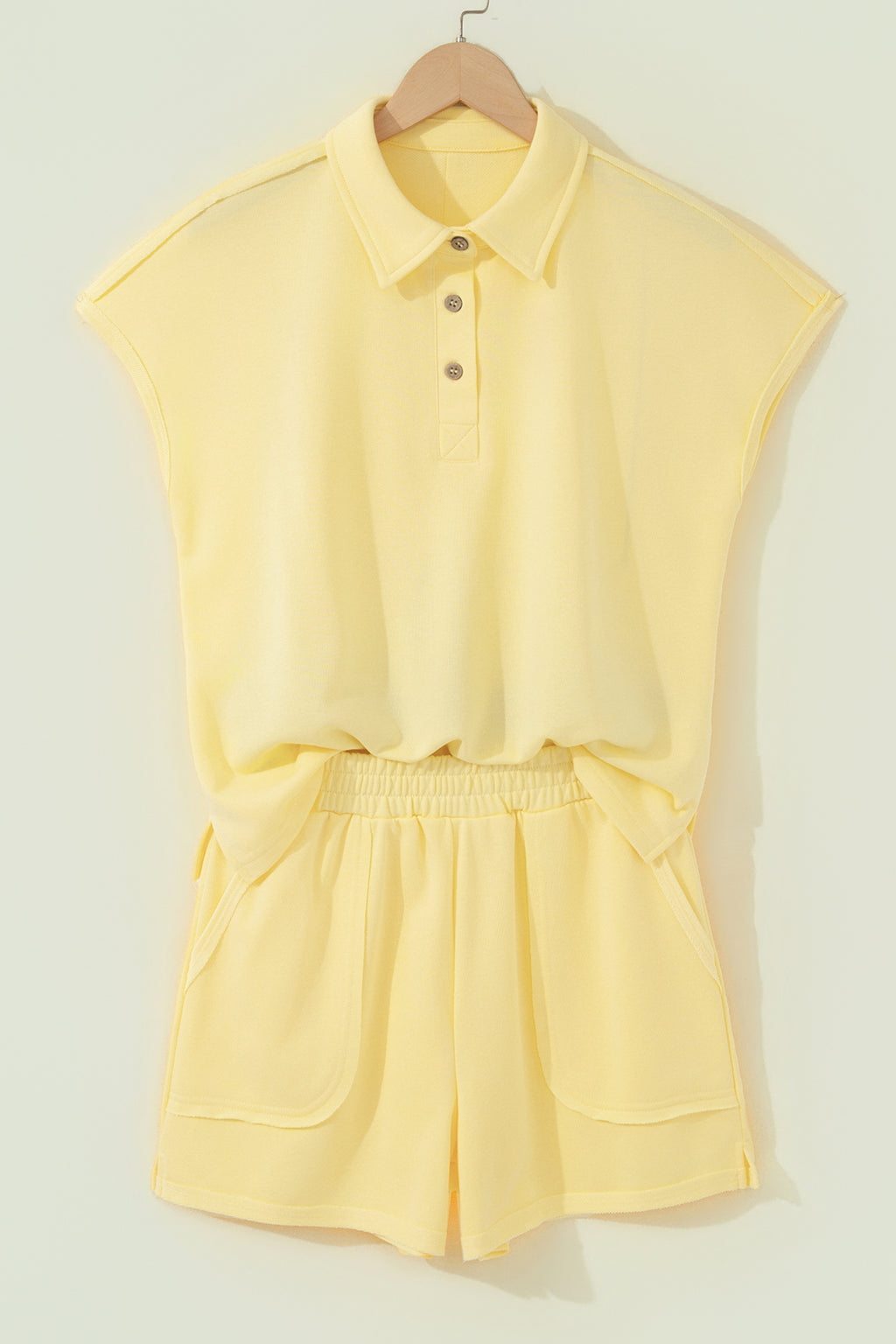 Banana Cream Loose Polo Tee Elastic Waist 2pcs Short Set