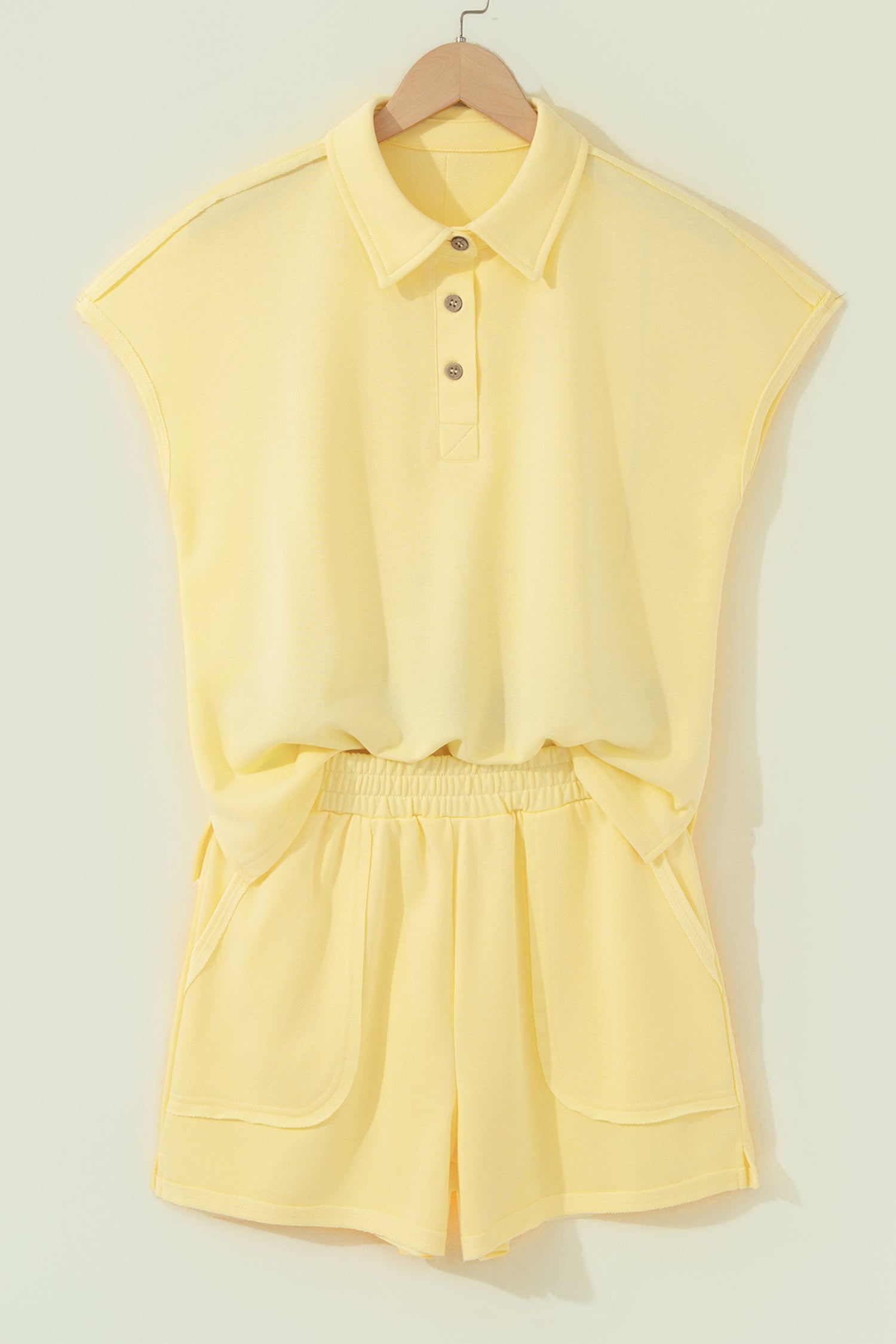 Banana Cream Loose Polo Tee Elastic Waist 2pcs Short Set