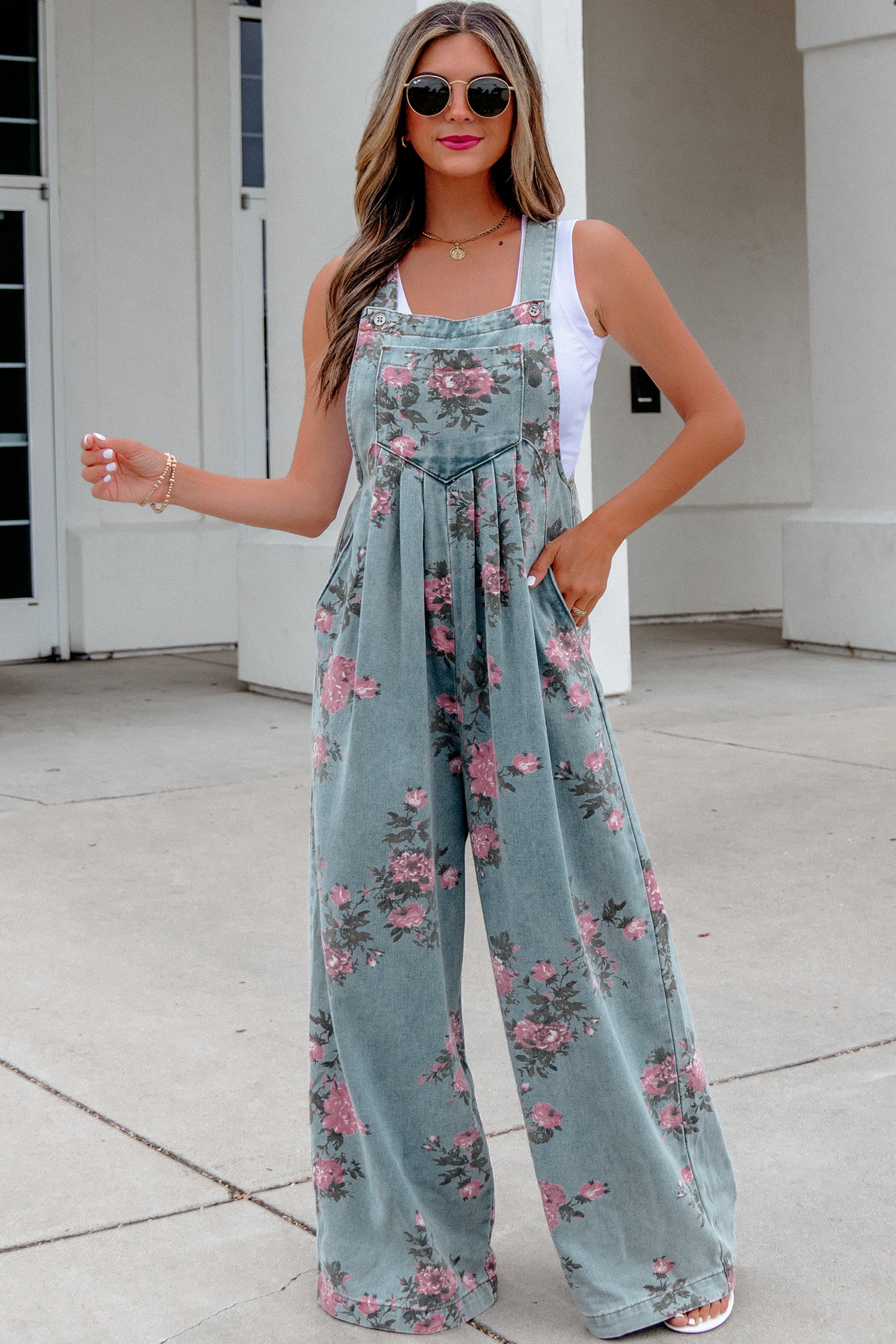 Blue Beau Floral Print Pleated High Waist Wide Leg Denim Jumpsuit