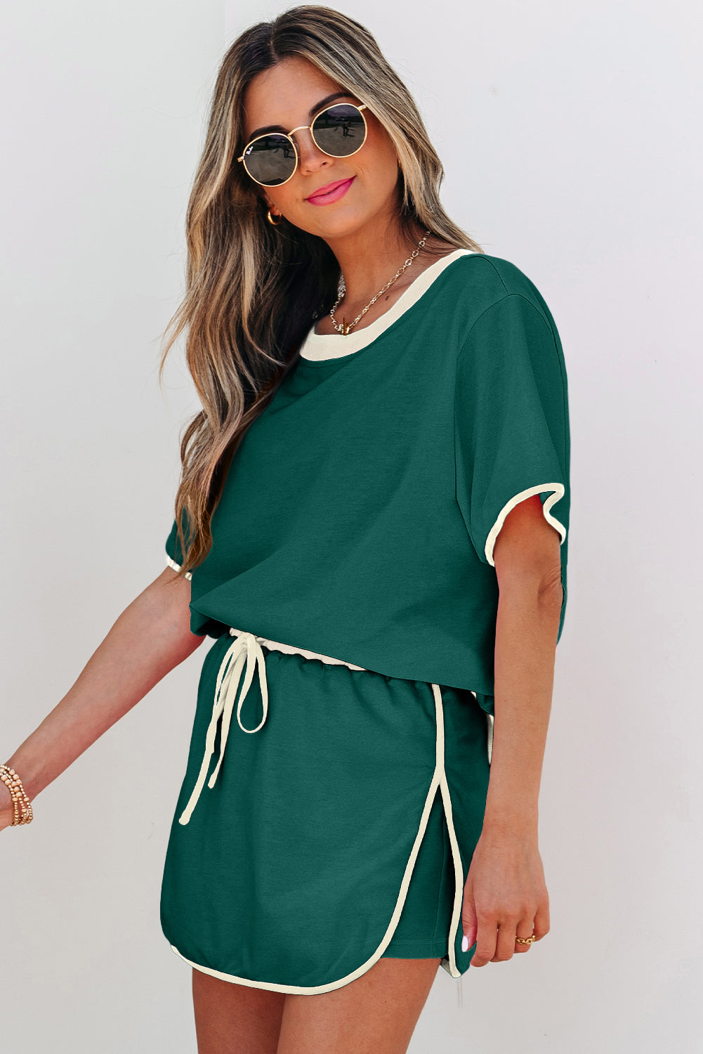 Black Colorblock Edge Drop Shoulder T Shirt and Skort 2Pcs Set