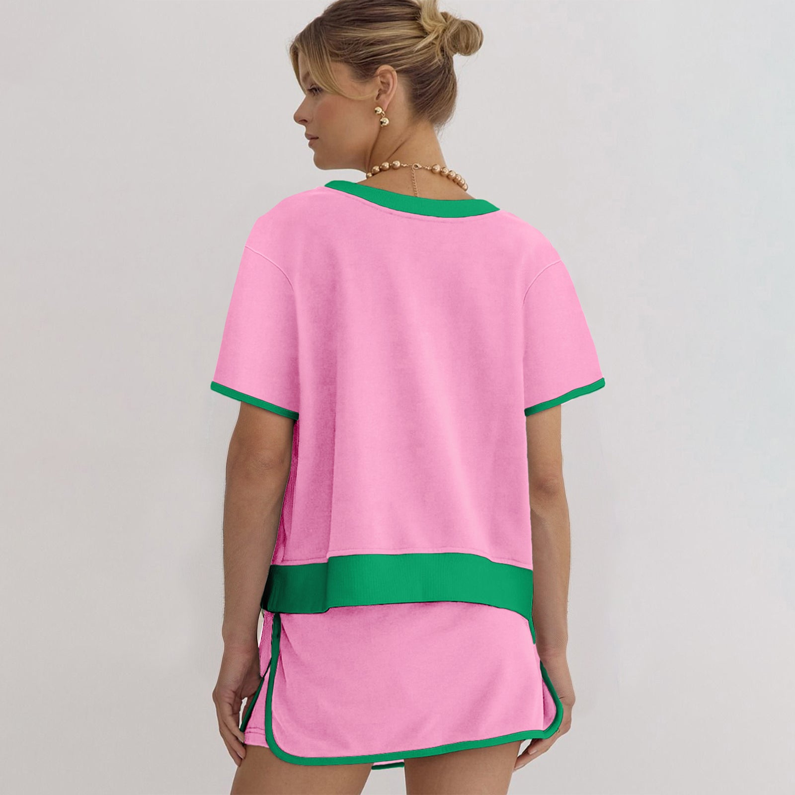 Black Colorblock Edge Drop Shoulder T Shirt and Skort 2Pcs Set