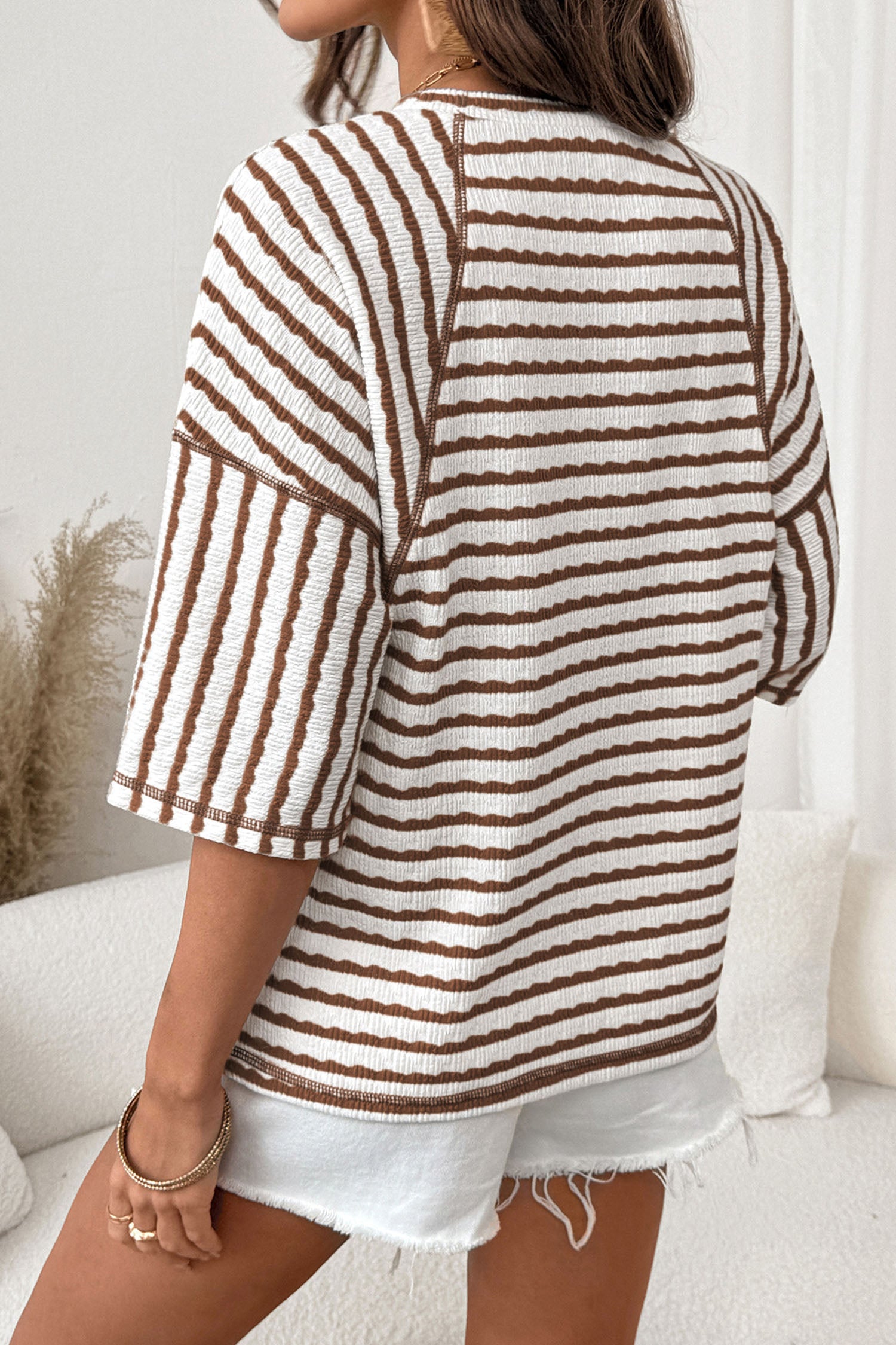 Apricot Stripe Textured Knit Split Hem Half Sleeve Loose Top