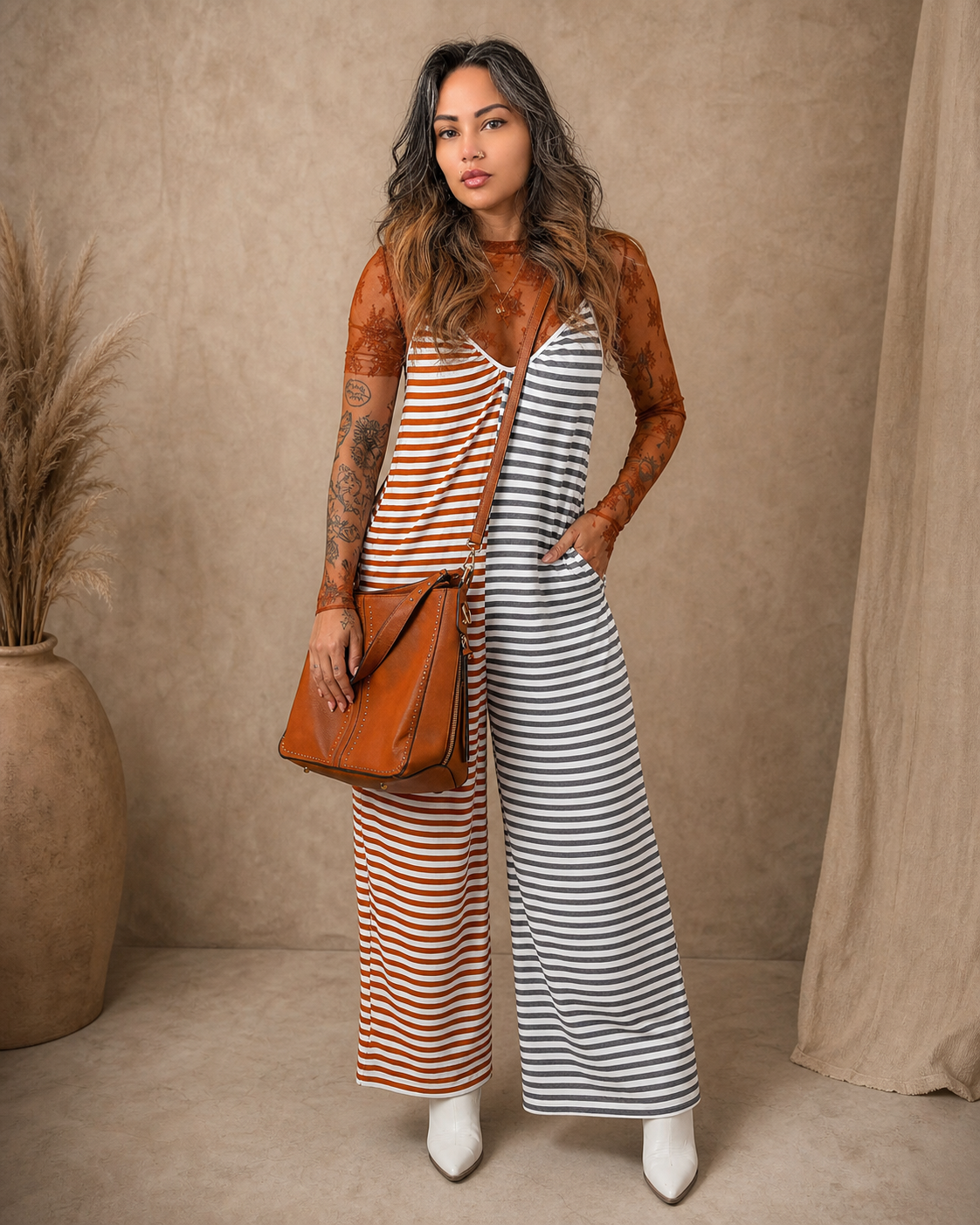 Rust & Charcoal Striped Wide-Leg Jumpsuit