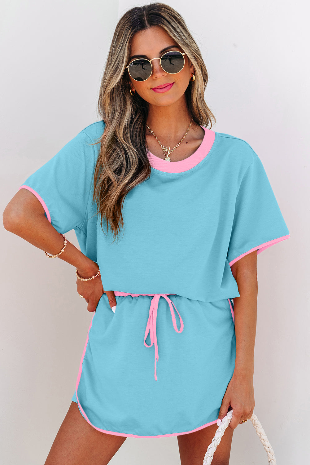Black Colorblock Edge Drop Shoulder T Shirt and Skort 2Pcs Set