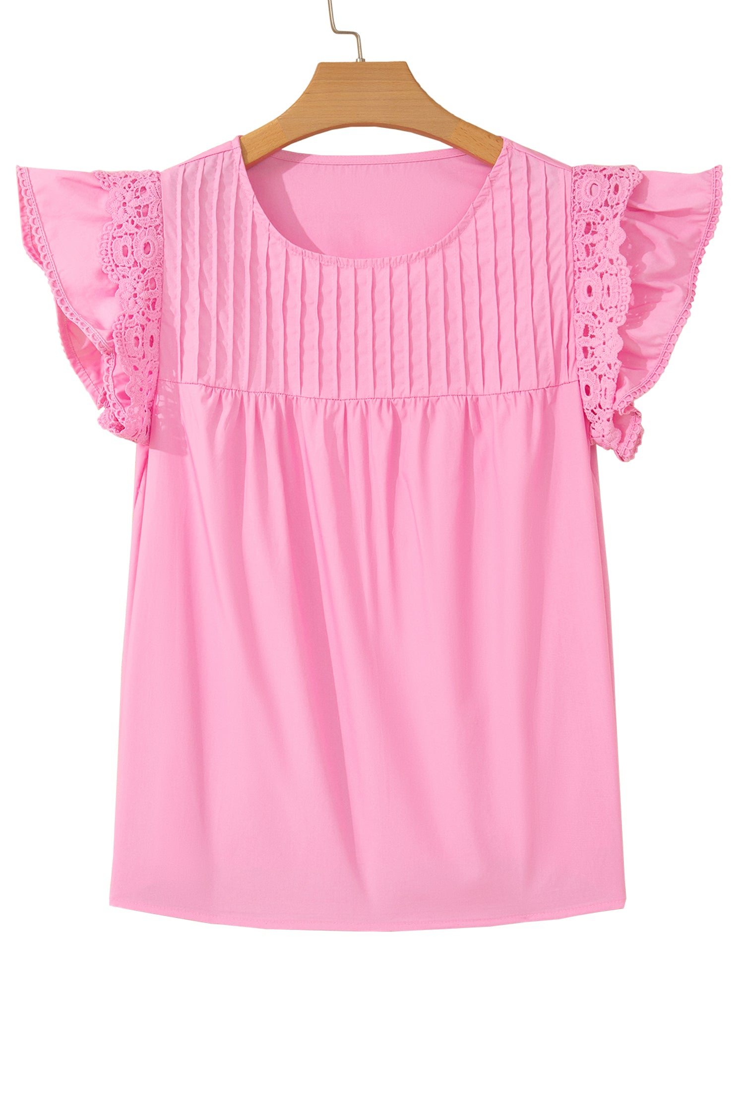 White Lace Detail Flutter Sleeve Pleated Round Neck Blouse