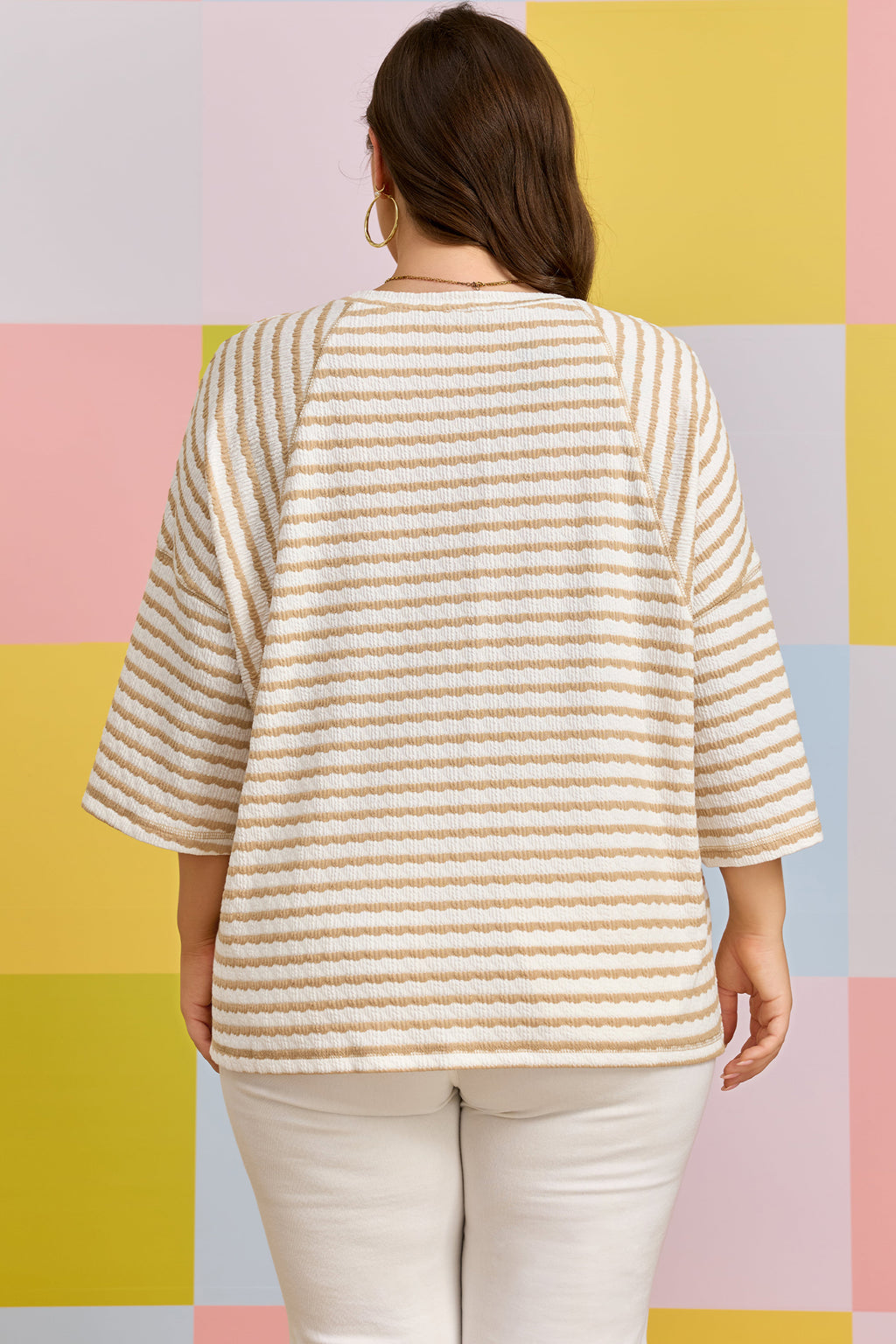 Pink Stripe Plus Size Textured Patchwork Detail Half Sleeve Top