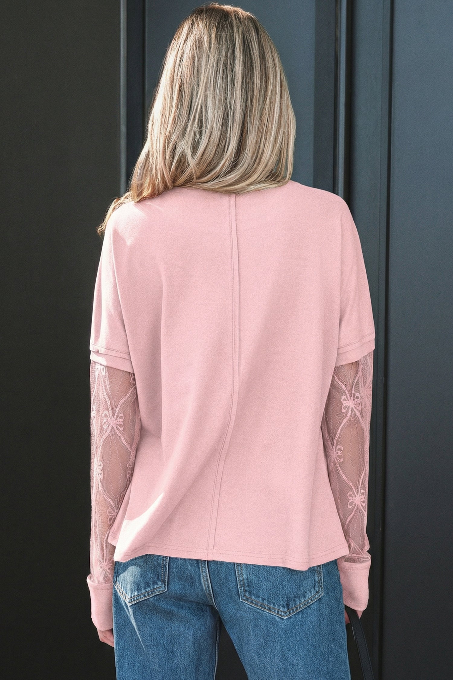 Black Solid Color Bow Textured Patchwork Long Sleeve Tee