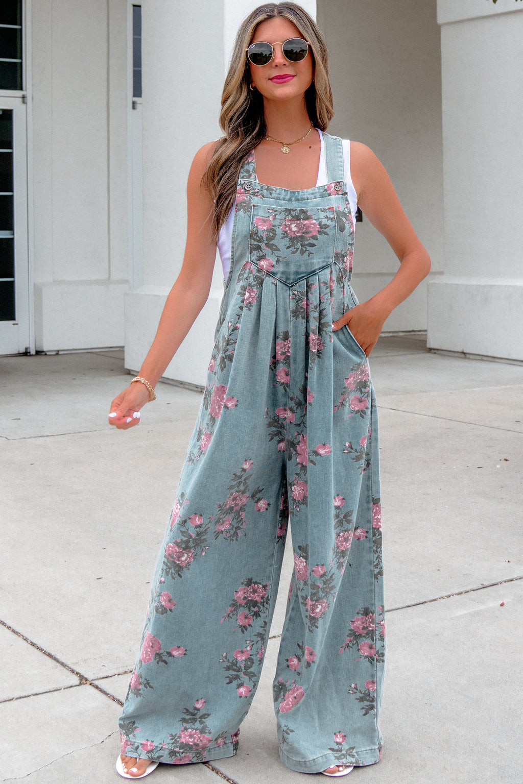 Blue Beau Floral Print Pleated High Waist Wide Leg Denim Jumpsuit
