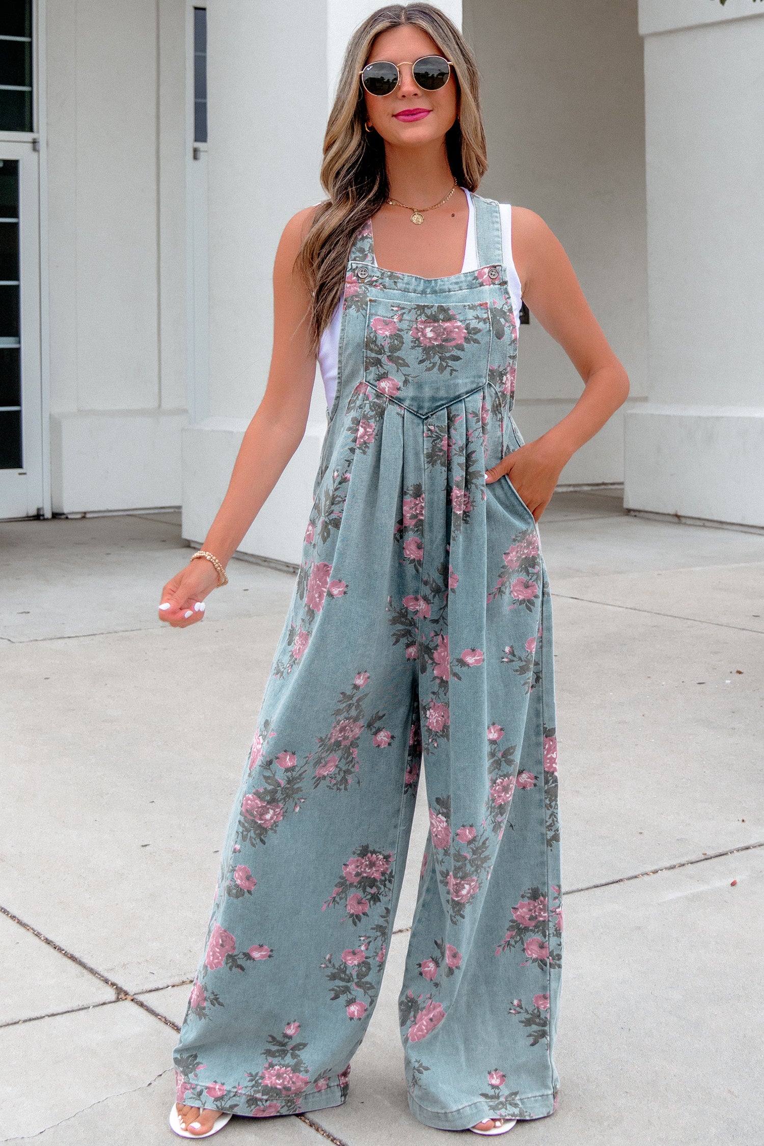 Blue Beau Floral Print Pleated High Waist Wide Leg Denim Jumpsuit