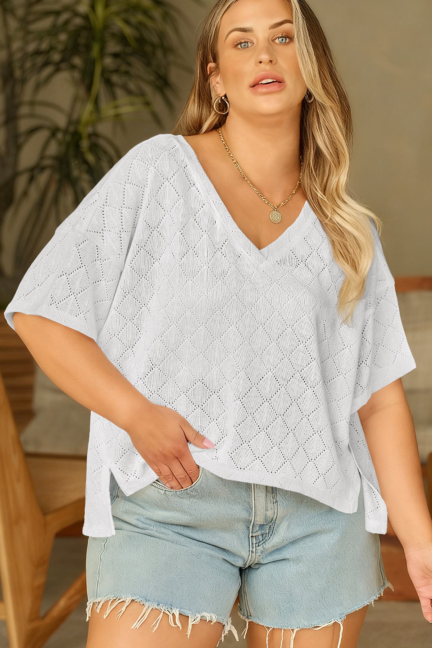 Light Pink Pointelle Rhombus Knit Plus Size V Neck Loose Top