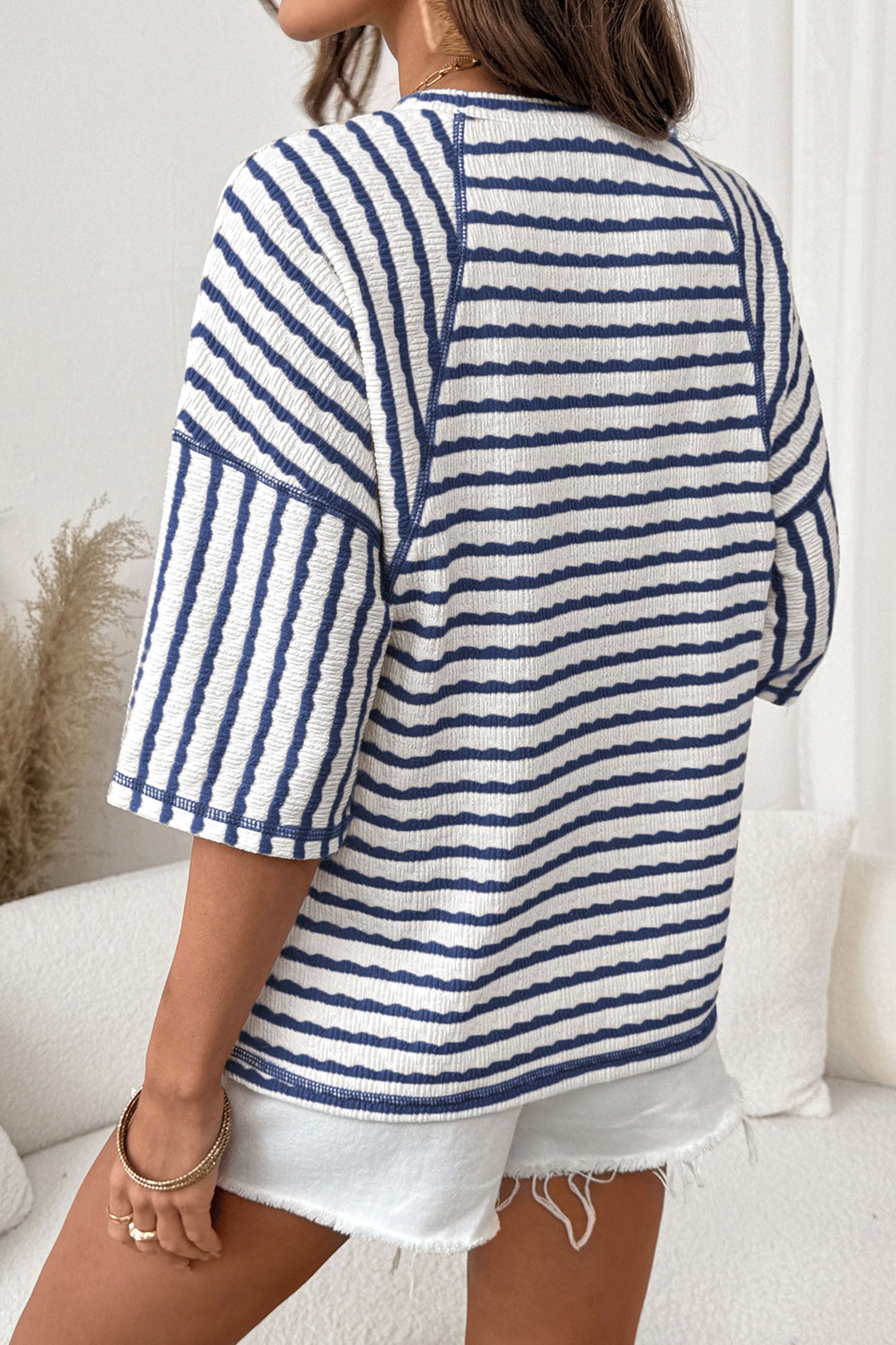 Apricot Stripe Textured Knit Split Hem Half Sleeve Loose Top