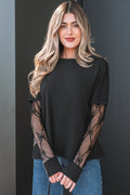 Black Solid Color Bow Textured Patchwork Long Sleeve Tee
