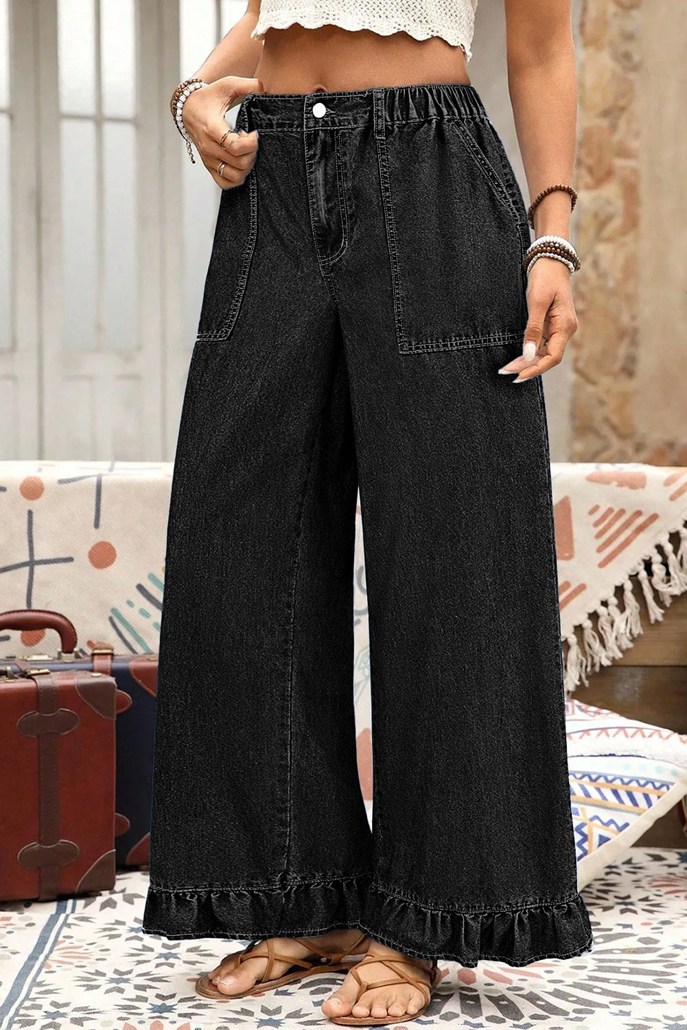 Ashleigh Blue Plus Size Elastic Waist Ruffled Wide Leg Denim Pants