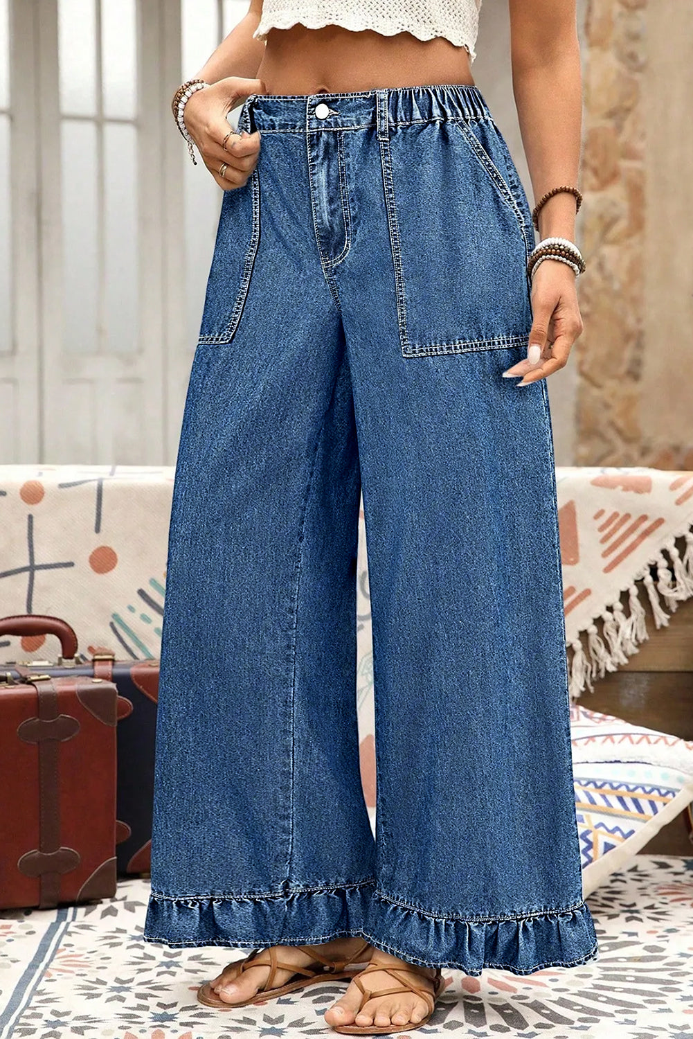 Ashleigh Blue Plus Size Elastic Waist Ruffled Wide Leg Denim Pants