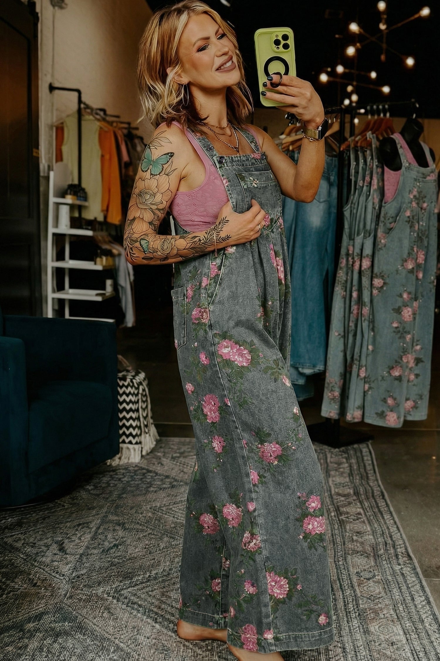 Blue Beau Floral Print Pleated High Waist Wide Leg Denim Jumpsuit