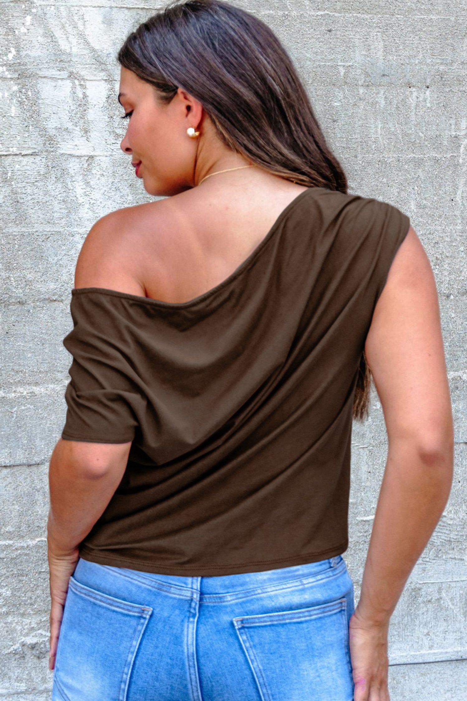 Black Plus Size Solid Color Asymmetric Neck Short Sleeve Blouse