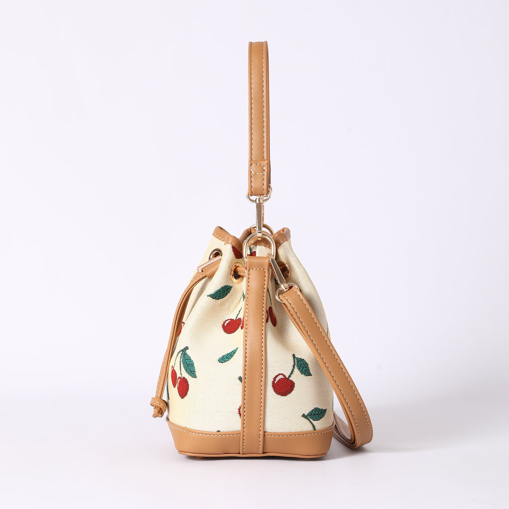Signare London - Cherry Bucket Handbag in Cream Backdrop