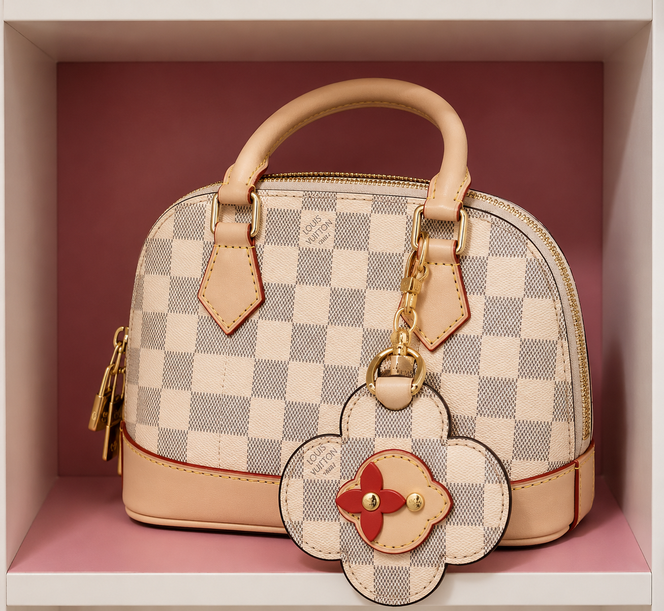 Elegant Blush Checkered Satchel Handbag with Floral Charm