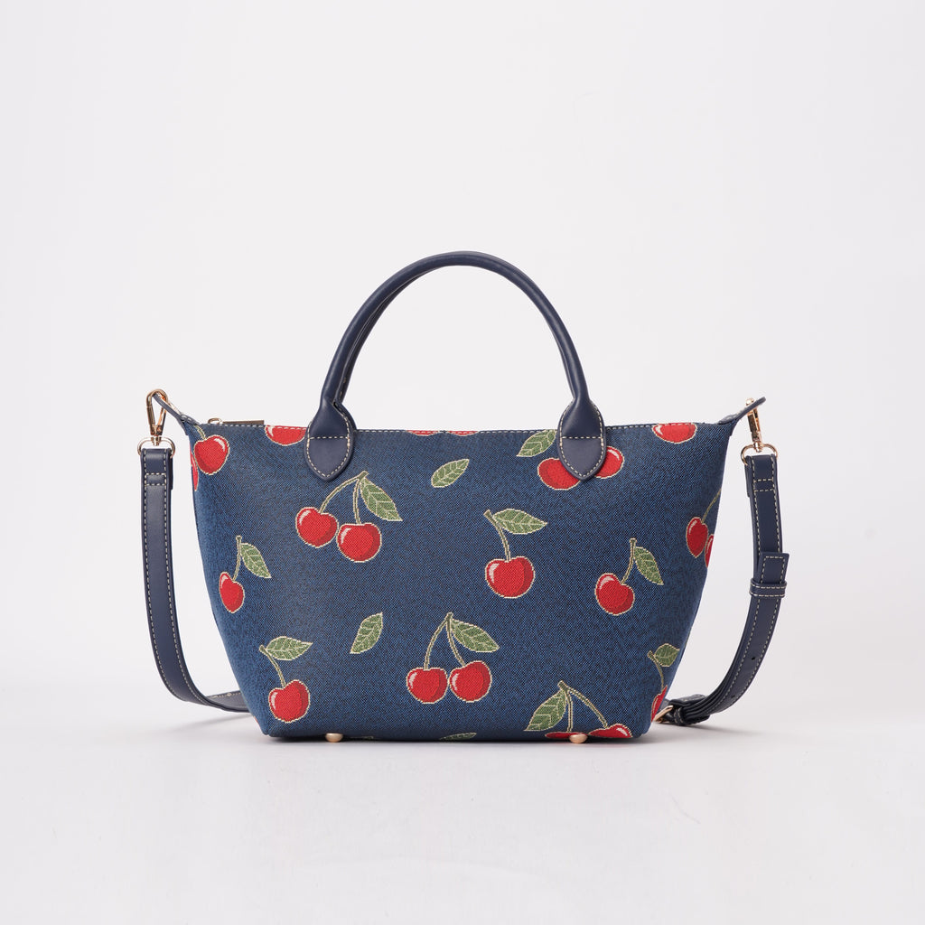 Signare London - Cherry Grab Handbag on Blue Backdrop
