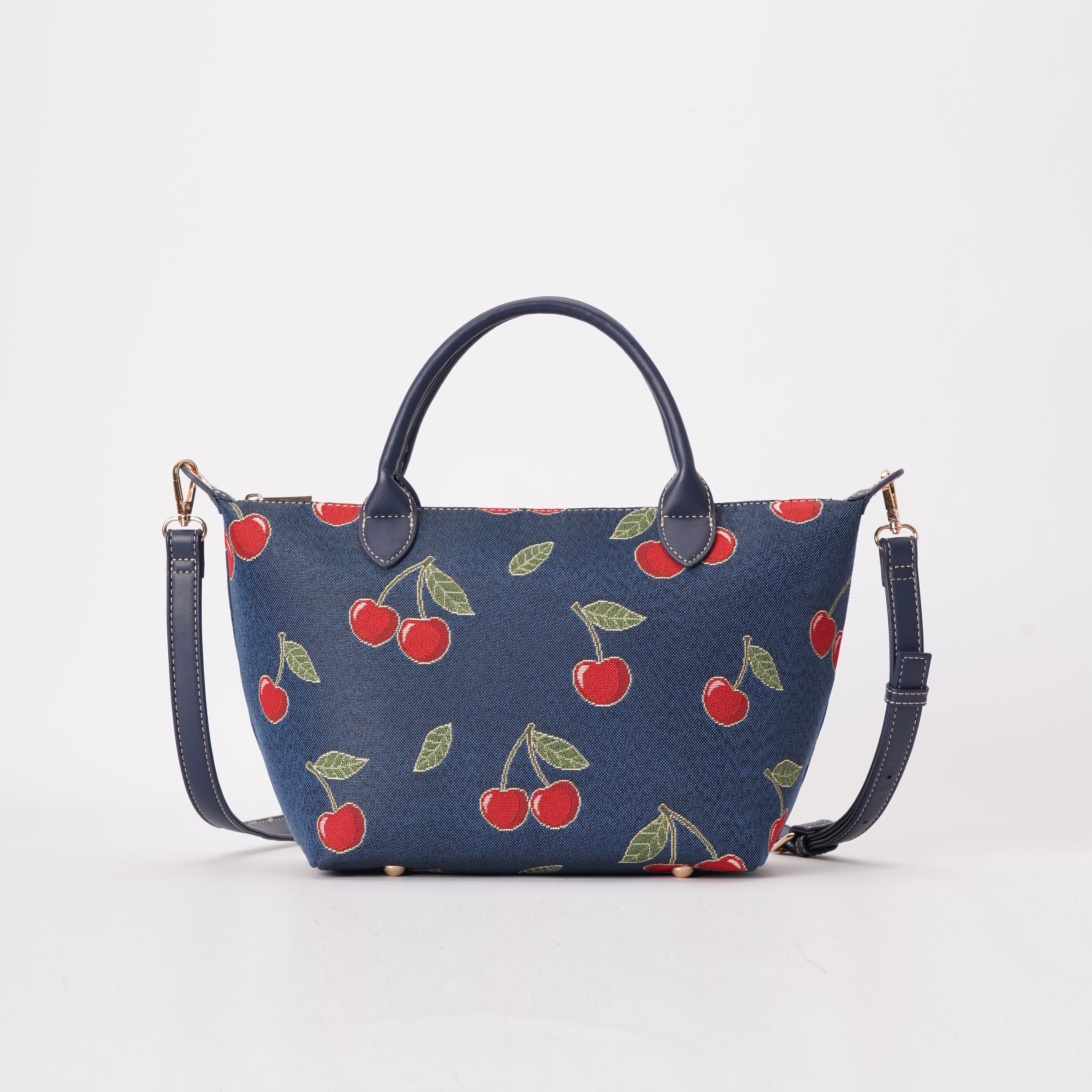 Signare London - Cherry Grab Handbag on Blue Backdrop