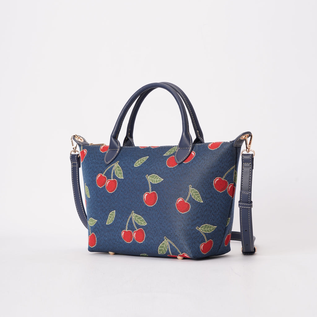 Signare London - Cherry Grab Handbag on Blue Backdrop