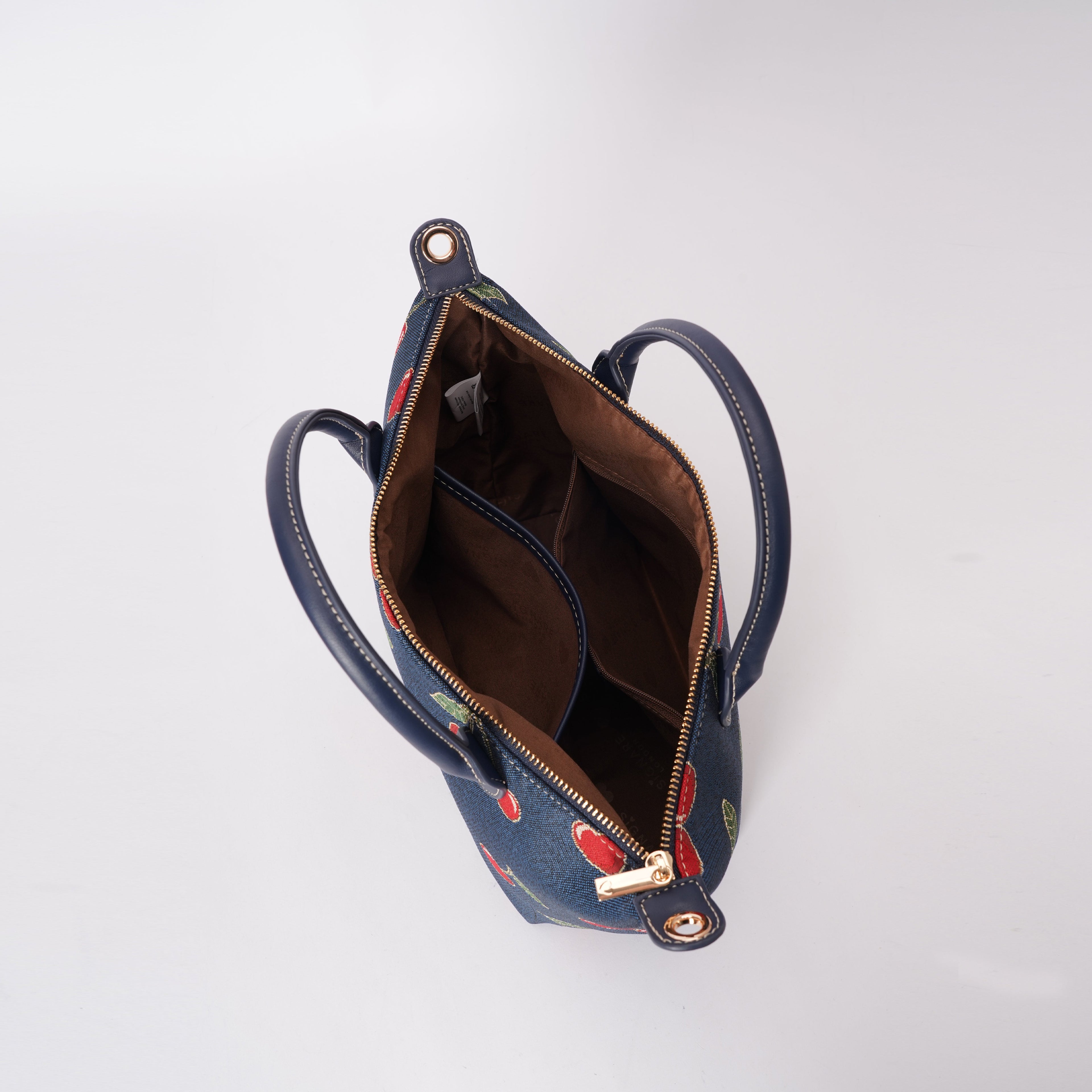 Signare London - Cherry Grab Handbag on Blue Backdrop