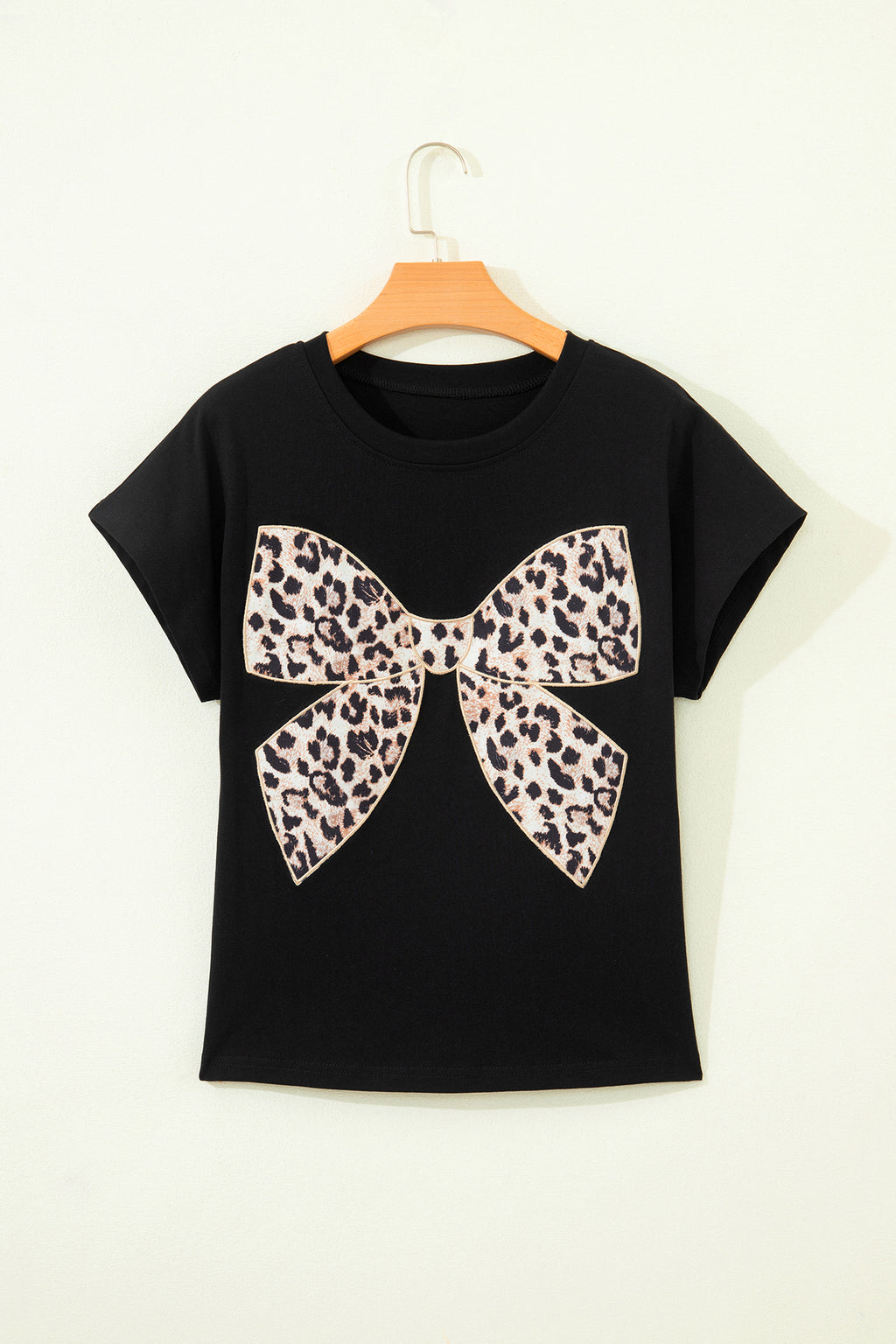 White Leopard Bow Embroidered Cotton Round Neck T Shirt