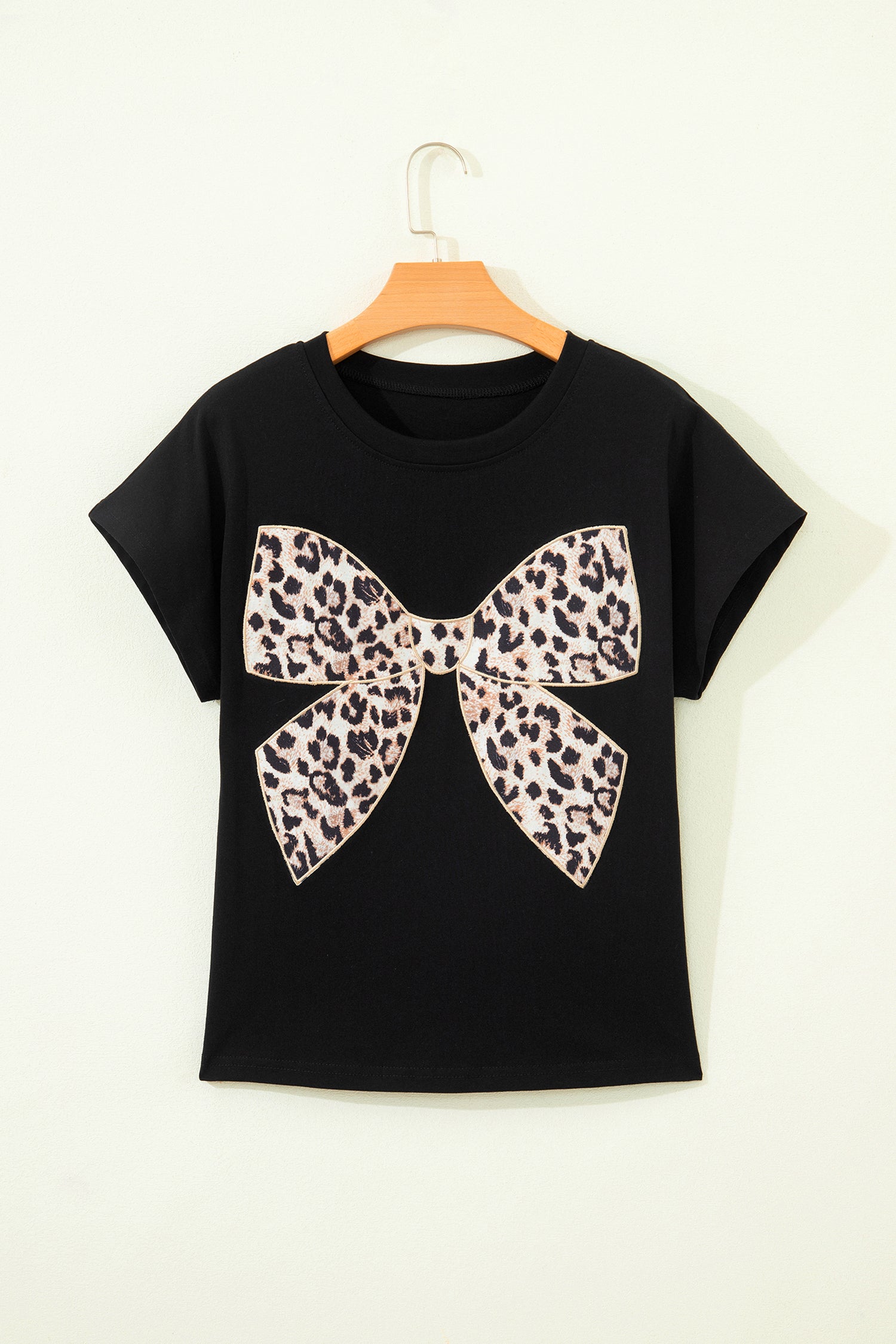 White Leopard Bow Embroidered Cotton Round Neck T Shirt