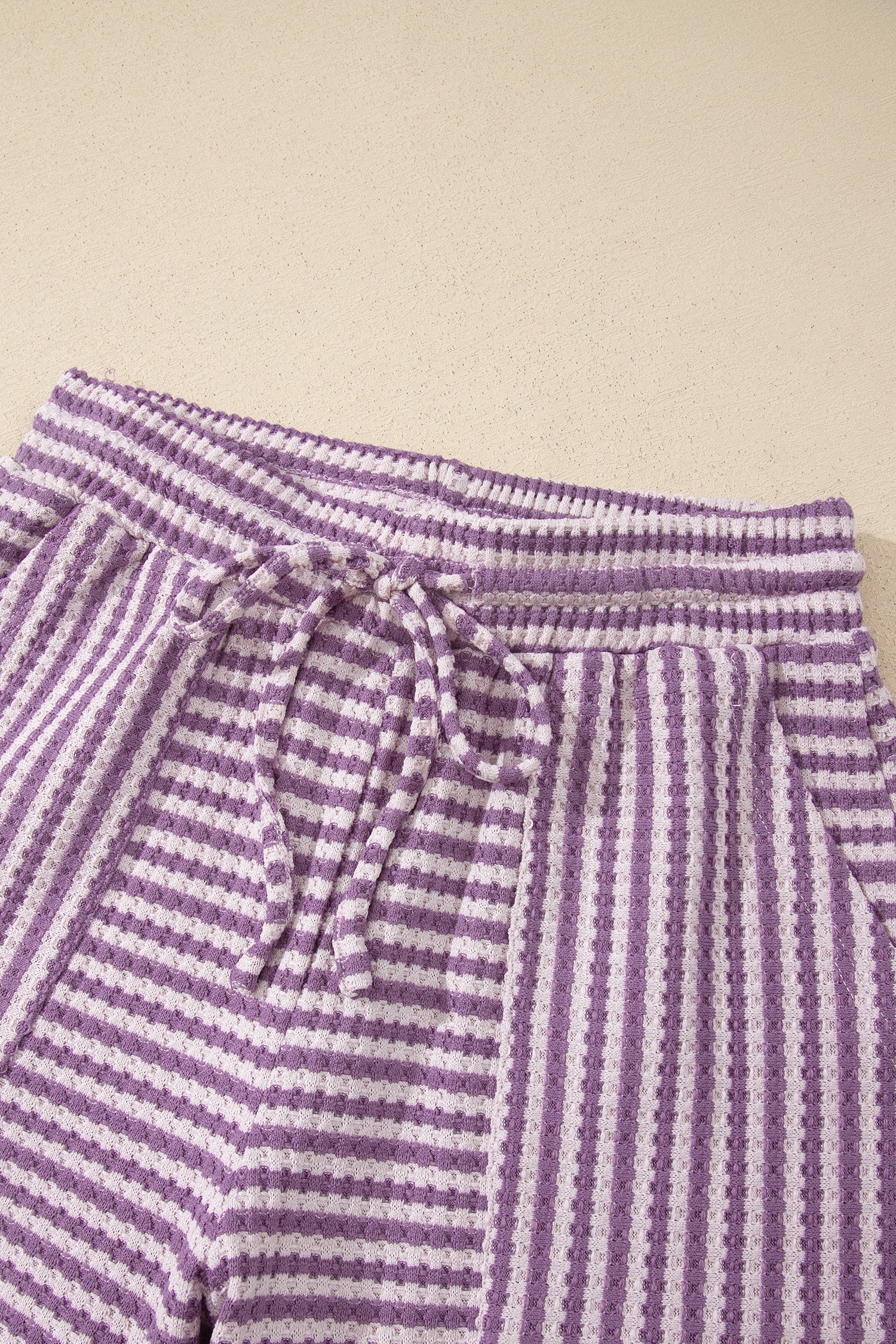 Brown Stripe Breathable Textured Knit Short 2pcs Set