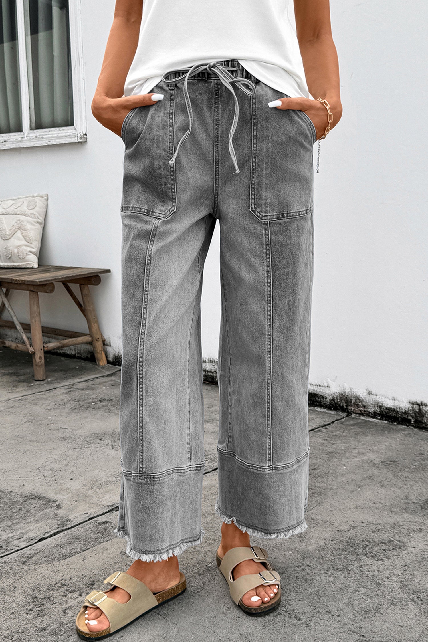 Beau Blue Drawstring Seam Detail Raw Hem Wide Leg Denim Pants